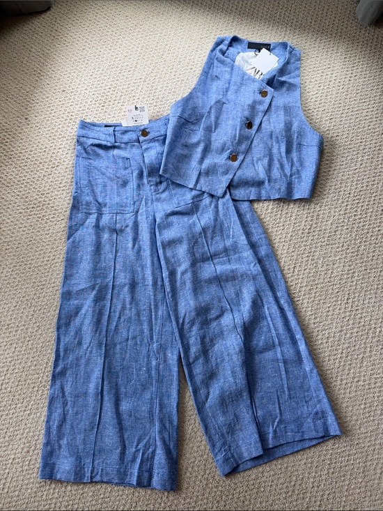 Zara Pants - Zara Light Blue Linen-Blend Wide-Leg Pants with Cropped Vest